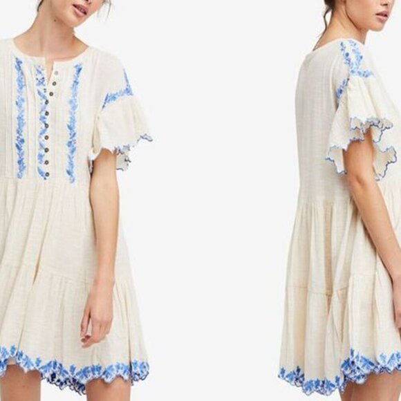 FREE PEOPLE Santiago Cream Dress with Blue Embroidery Sz Medium - Picture 3 of 13
